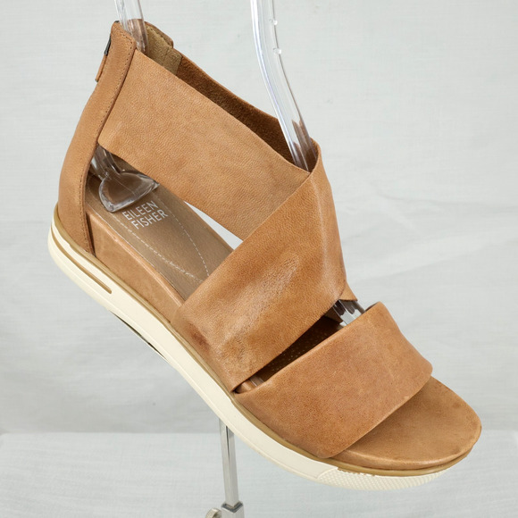 Eileen Fisher Sandals Womens 7 M Honey Brown Leather Sport Shoes Back Zip FLAW - Picture 1 of 16